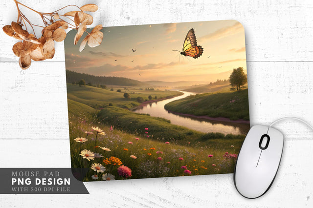 Glowing Butterfly in a Dreamlike Landscape Mouse Pad PNG Sublimation Regulrcrative 