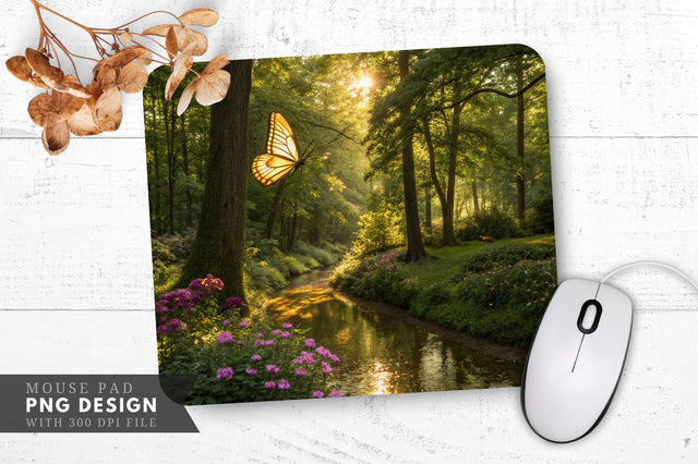 Glowing Butterfly in a Serene Forest Mouse Pad PNG Design Sublimation Regulrcrative 