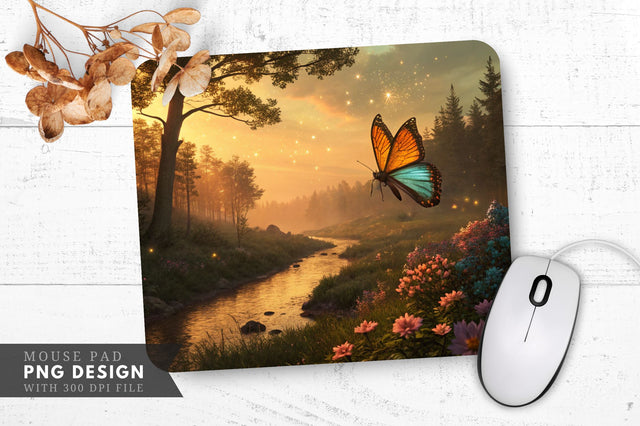 Glowing Butterfly in Enchanted Forest Mouse Pad PNG Design Sublimation Regulrcrative 