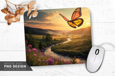 Glowing Butterfly Over Tranquil Valley Mouse Pad PNG Design Sublimation Regulrcrative 
