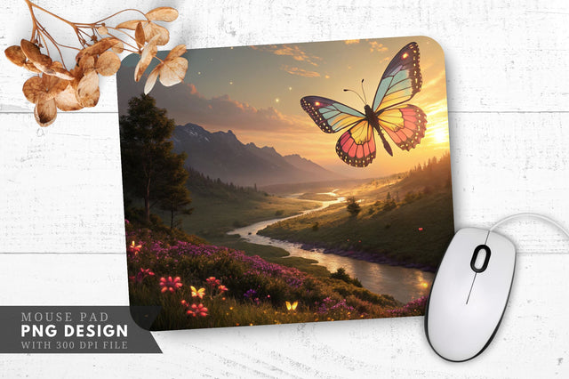 Glowing Butterfly Over Tranquil Valley Mouse Pad PNG Sublimation Regulrcrative 