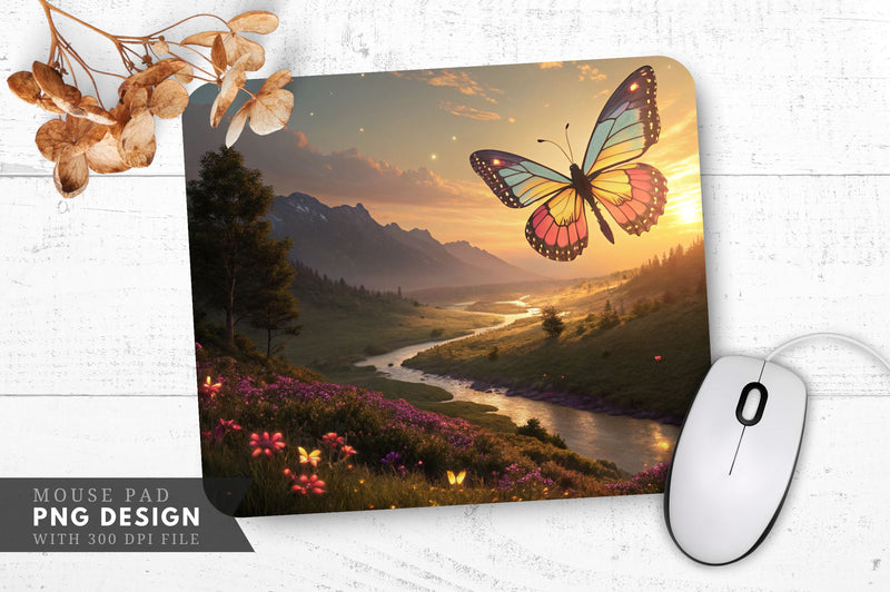 Glowing Butterfly Over Tranquil Valley Mouse Pad PNG Sublimation Regulrcrative 