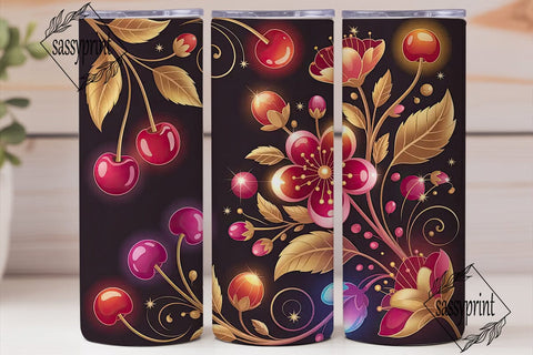 Glowing Floral Cherry 20oz Tumbler Wrap Sublimation sassyprint 