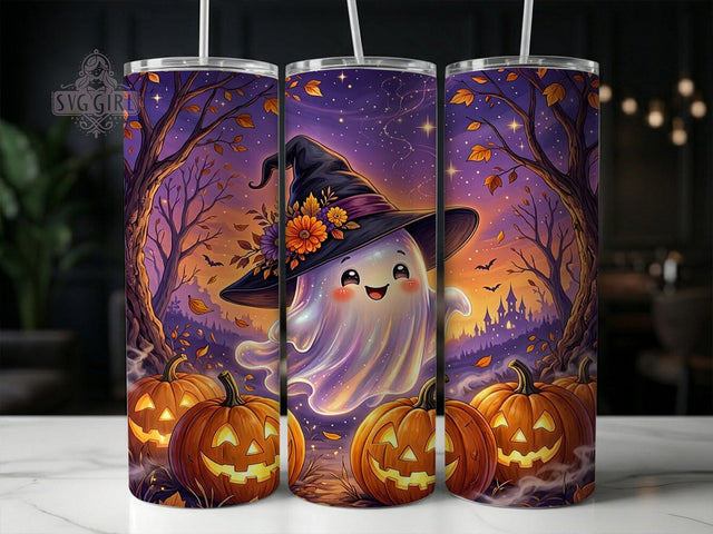 Glowing Ghost & Pumpkins 20oz Tumbler, Glowing ghost design, Halloween pumpkins, 20oz skinny tumbler, Ghost tumbler wrap, Pumpkin tumbler design, Halloween tumbler wrap, Sublimation halloween Sublimation SvggirlplusArt 