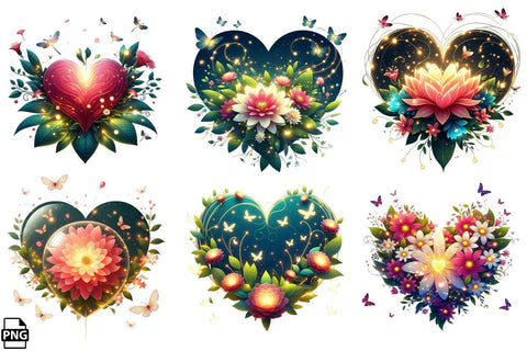 Glowing Heart-Shaped Flower PNG Clipart Bundle Printable File Sublimation Creativedesigntee 