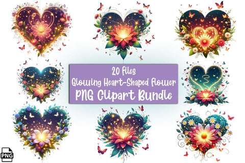 Glowing Heart-Shaped Flower PNG Clipart Bundle Printable File Sublimation Creativedesigntee 