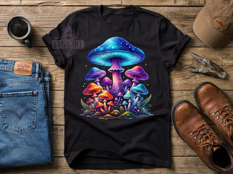 Glowing Mushroom Art T-Shirt PNG, Mushroom Art, Glowing Style, Fantasy Vibes, Nature Fashion, Sublimation PNG, Statement Shirt, Magical Apparel Sublimation SvggirlplusArt 
