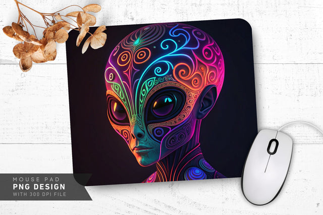 Glowing Neon Alien Head with Mysterious Patterns Mouse Pad PNG Design Sublimation Regulrcrative 