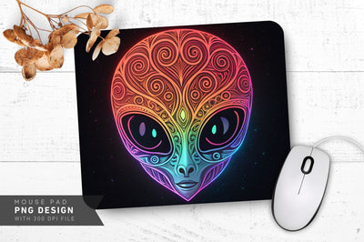Glowing Neon Alien Head with Mysterious Patterns Mouse Pad PNG Design Sublimation Regulrcrative 