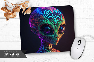 Glowing Neon Alien Head with Mysterious Patterns Mouse Pad PNG Design Sublimation Regulrcrative 