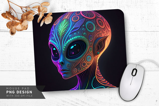 Glowing Neon Alien Head with Mysterious Patterns Mouse Pad PNG Design Sublimation Regulrcrative 