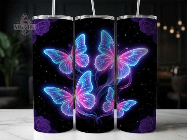 Glowing Neon Butterflies 20oz Tumbler, Glowing Neon Butterflies, Neon Butterflies, Butterfly Tumbler, 20oz Tumbler, Glowing Tumbler, Neon Tumbler, Tumbler Wrap Sublimation SvggirlplusArt 