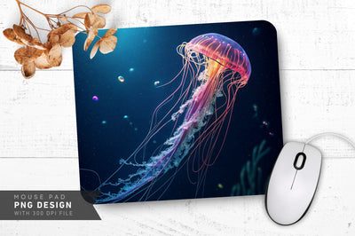 Glowing Neon Jellyfish in Dark Sea Mouse Pad PNG Design Sublimation Regulrcrative 