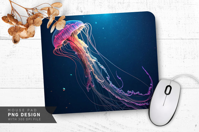 Glowing Neon Jellyfish in Dark Sea Mouse Pad PNG Design Sublimation Regulrcrative 