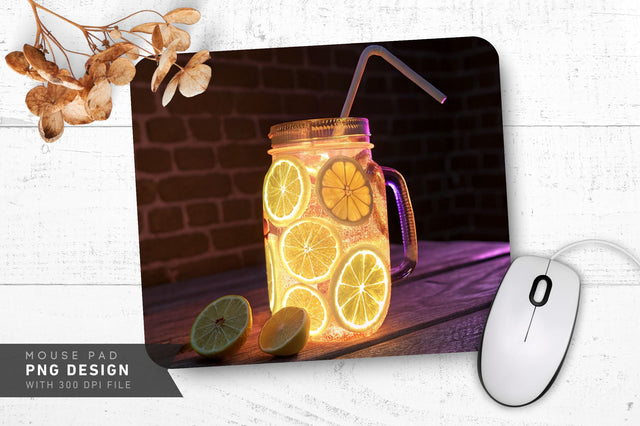 Glowing Neon Lemonade Jar with Lemon Slices and Straw Mouse Pad PNG Design Sublimation Regulrcrative 