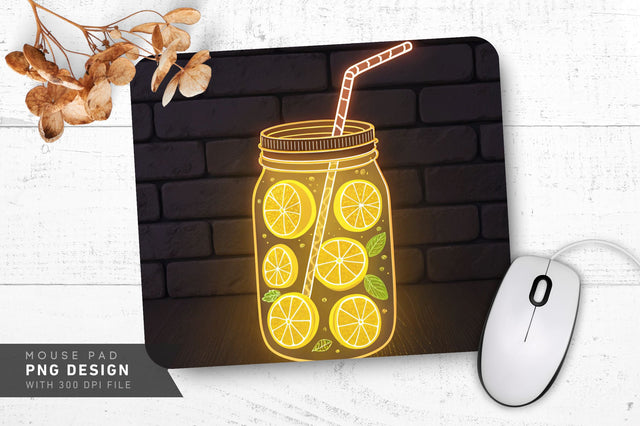 Glowing Neon Lemonade Jar with Lemon Slices and Straw Mouse Pad PNG Design Sublimation Regulrcrative 
