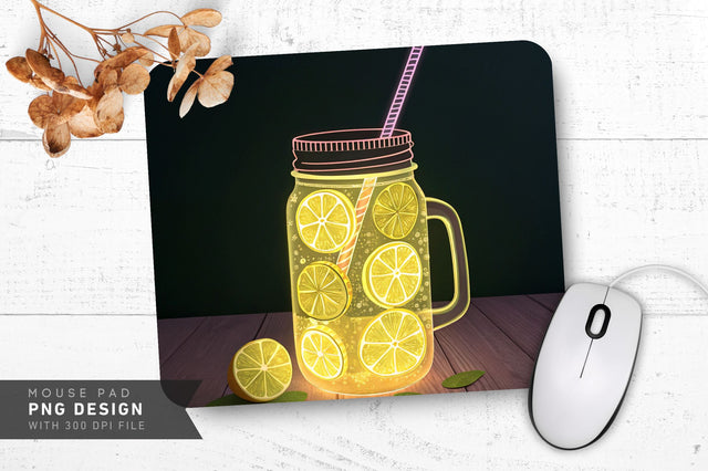 Glowing Neon Lemonade Jar with Lemon Slices and Straw Mouse Pad PNG Sublimation Regulrcrative 
