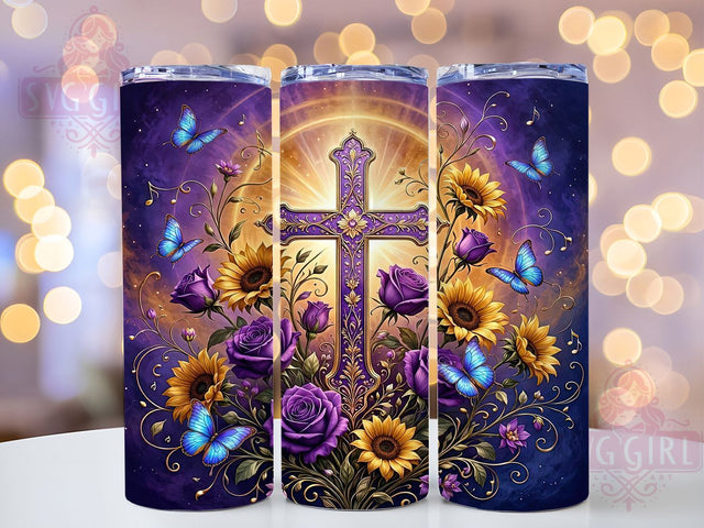Glowing Purple Cross Floral 20oz Tumbler, Purple Cross, Glowing Design, Floral Pattern, Sublimation Wrap, 20oz Tumbler, Spiritual Aesthetic, Radiant Charm Sublimation SvggirlplusArt 