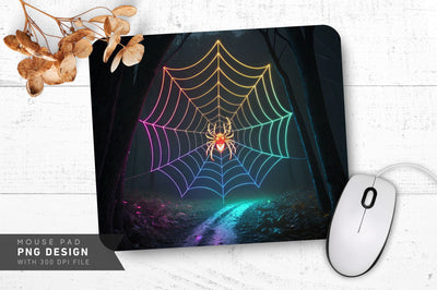 Glowing Spider Web with Neon Spider - Mouse Pad PNG Design Sublimation Regulrcrative 