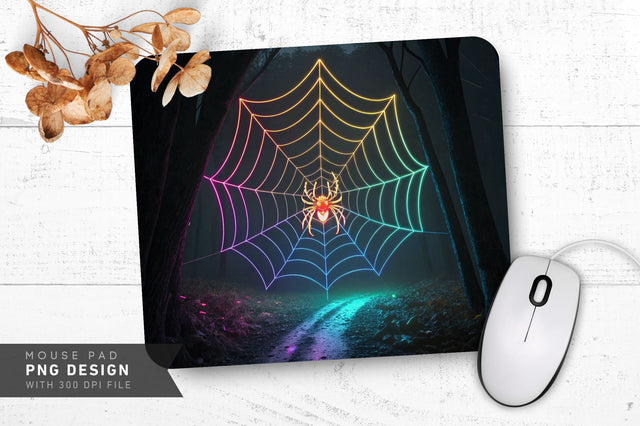 Glowing Spider Web with Neon Spider - Mouse Pad PNG Design Sublimation Regulrcrative 