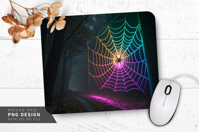 Glowing Spider Web with Neon Spider - Mouse Pad PNG Design Sublimation Regulrcrative 