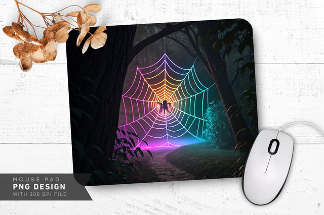 Glowing Spider Web with Neon Spider Mouse Pad PNG Design Sublimation Regulrcrative 