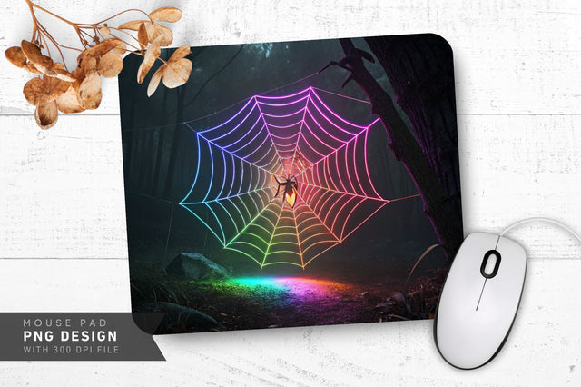 Glowing Spider Web with Neon Spider Mouse Pad PNG Sublimation Regulrcrative 