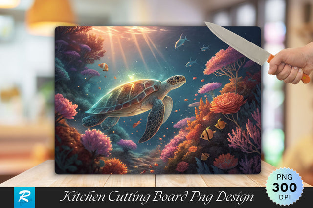 Glowing Turtle and Vibrant Corals An Underwater World Cutting Board PNG Design Sublimation Regulrcrative 