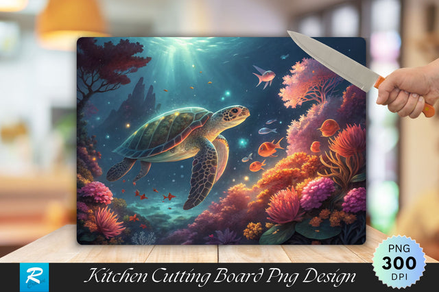 Glowing Turtle and Vibrant Corals An Underwater World Cutting Board PNG Design Sublimation Regulrcrative 