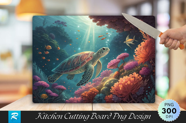 Glowing Turtle and Vibrant Corals An Underwater World Cutting Board PNG Design Sublimation Regulrcrative 
