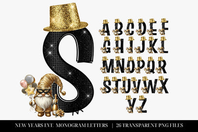 Gnome Black & Gold New Years Eve Doodle Letters Sublimation Sublimation BijouBay 