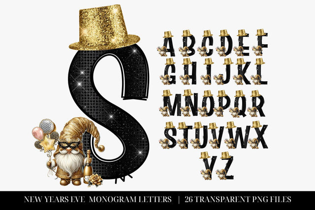 Gnome Black & Gold New Years Eve Doodle Letters Sublimation Sublimation BijouBay 