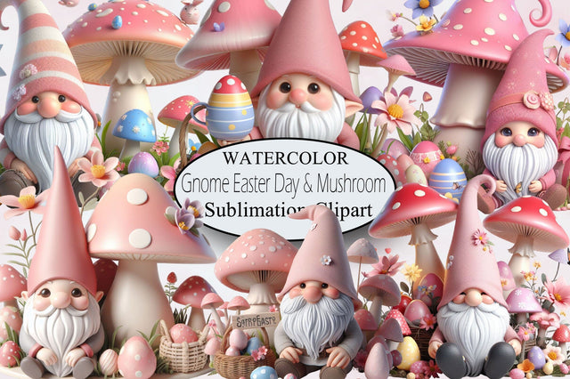 Gnome Easter Day & Mushroom Watercolor Sublimation SVGArt 