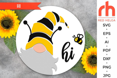 Gnome Hi SVG, Layered Door Sign Cut File, Summer Hanger DXF SVG RedHelgaArt 