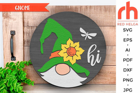 Gnome Hi SVG, Layered Door Sign Cut File, Summer Hanger DXF SVG RedHelgaArt 