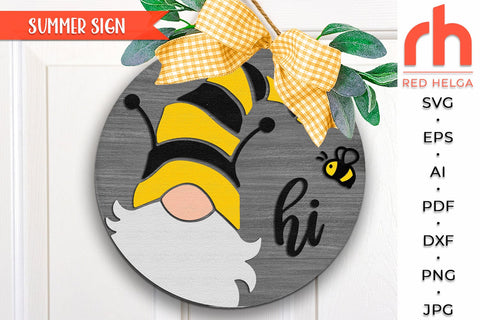 Gnome Hi SVG, Layered Door Sign Cut File, Summer Hanger DXF SVG RedHelgaArt 
