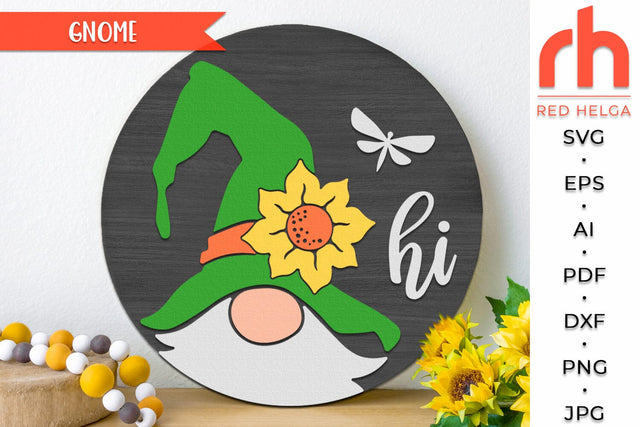 Gnome Hi SVG, Layered Door Sign Cut File, Summer Hanger DXF SVG RedHelgaArt 