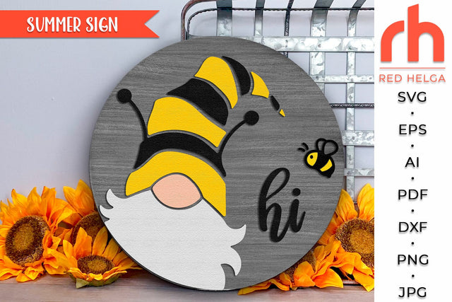 Gnome Hi SVG, Layered Door Sign Cut File, Summer Hanger DXF SVG RedHelgaArt 