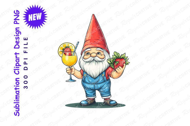 Gnome Holding Strawberry And Tropical Drink Clipart Sublimation Regulrcrative 