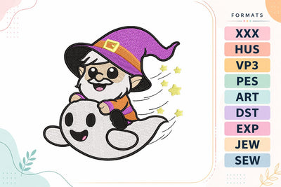 Gnome Riding Ghost with Witch Hat Halloween Embroidery Design Embroidery/Applique DESIGNS sg embroidery 