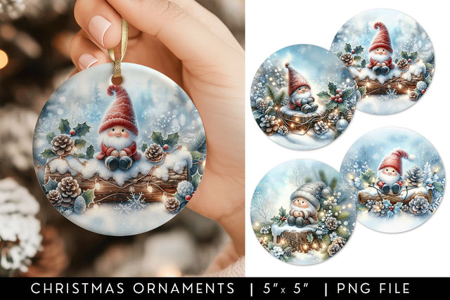 Gnome Round Christmas Ornament Sublimation Designs Sublimation BijouBay 