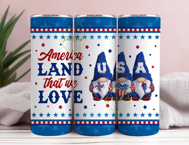Gnome Tumbler Stainless Steel America Land That We Love Independence Day USA Flag Patriotic Sublimation PixelChick 