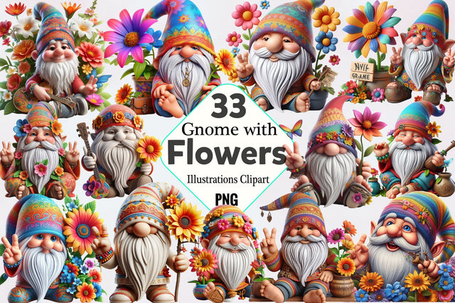 Gnome with Flowers Sublimation Clipart Bundle Sublimation SVGArt 