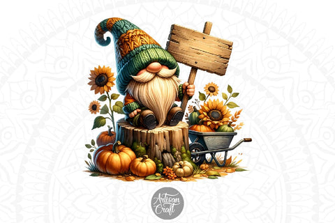 Gnome with sign, fall gnome clipart Sublimation Artisan Craft SVG 