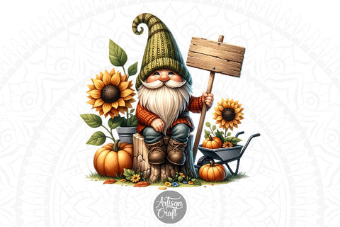 Gnome with sign, fall gnome clipart Sublimation Artisan Craft SVG 