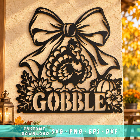 Gobble Turkey Laser SVG | Thanksgiving Bow Turkey DXF | Fall Farmhouse Metal Wall Art | Autumn Plasma CNC Cutting File SVG HappyDesignStudio 