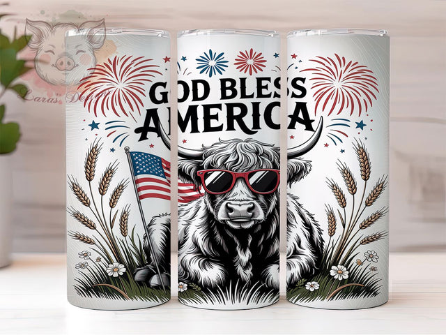 God Bless America Highland Cow Tumbler, Highland Cow Tumbler, God Bless America Wrap, 4th Of July Sublimation, Baby Cow Tumbler Design, Vintage Cow Tumbler, USA Tumbler Wrap Sublimation Lara' s Designs 