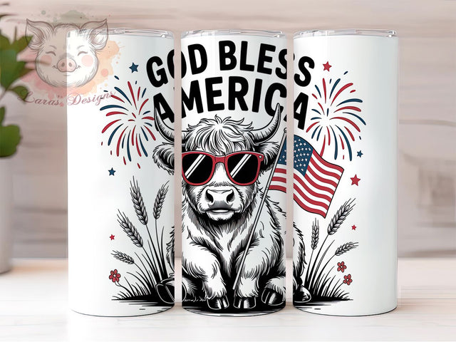 God Bless America Highland Cow Tumbler, Highland Cow Tumbler, God Bless America Wrap, 4th Of July Sublimation, Baby Cow Tumbler Design, Vintage Cow Tumbler, USA Tumbler Wrap Sublimation Lara' s Designs 