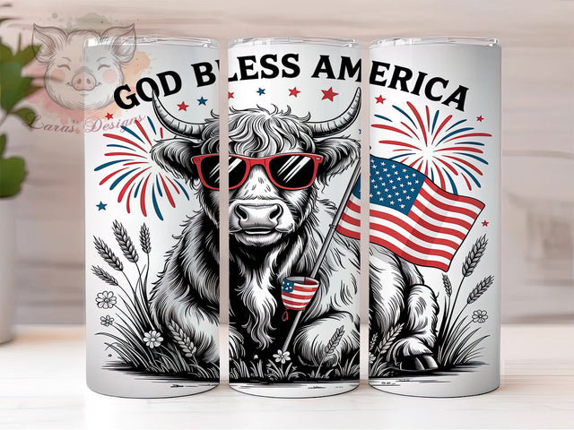 God Bless America Highland Cow Tumbler, Highland Cow Tumbler, God Bless America Wrap, 4th Of July Sublimation, Baby Cow Tumbler Design, Vintage Cow Tumbler, USA Tumbler Wrap Sublimation Lara' s Designs 
