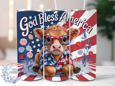God Bless Cow 20oz Tumbler, Patriotic Highland Cow, Seamless Tumbler Wrap, Sublimation Design, 20oz Tumbler, American Pride, Memorial Day Gift Sublimation ToriDesigns 